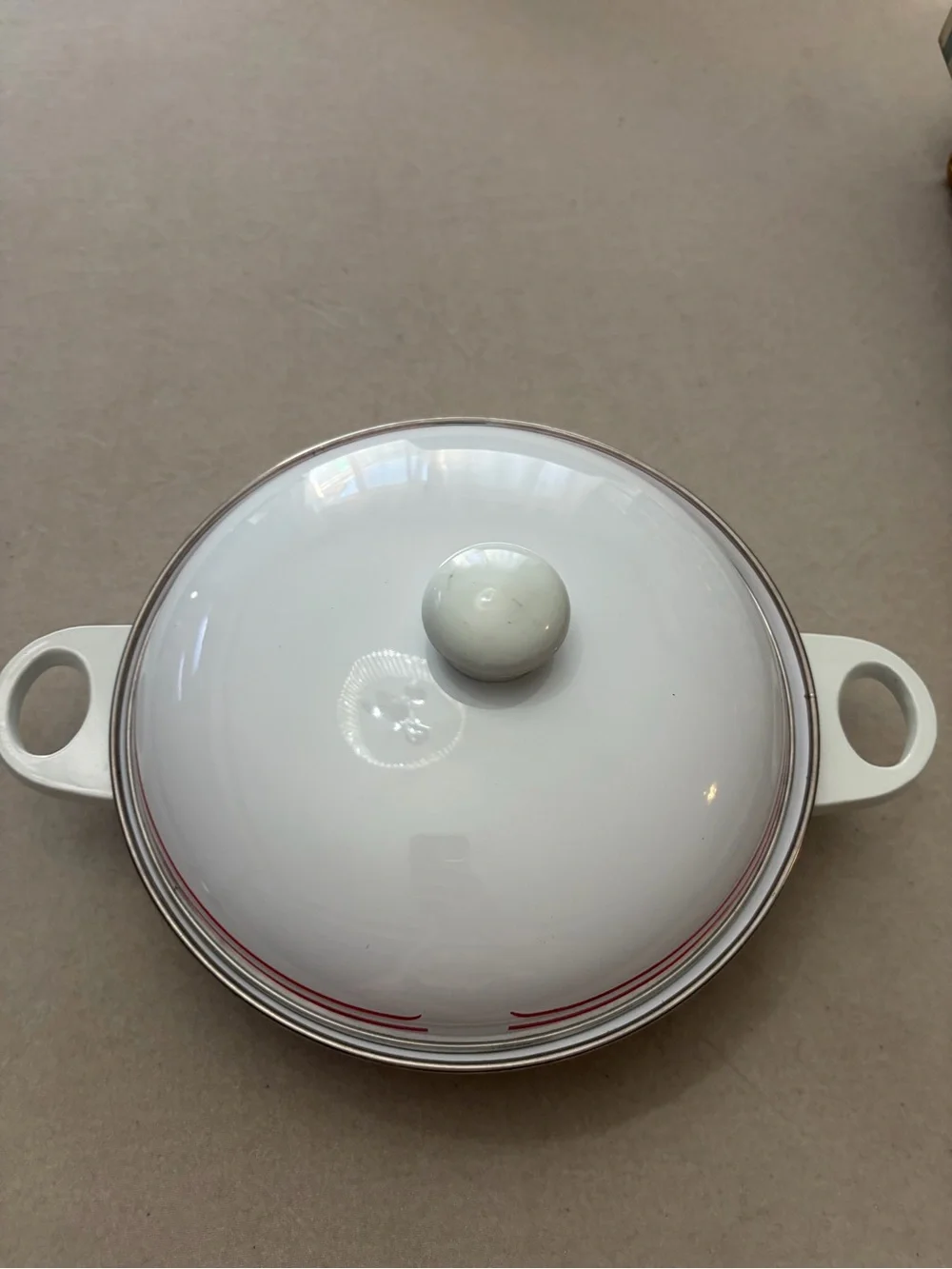 White Enamel Covered Casserole with Red Strawberry Motif